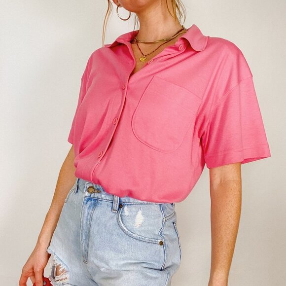 Vintage 80's Pink Short Sleeve Cotton Button Up - Picture 1 of 6